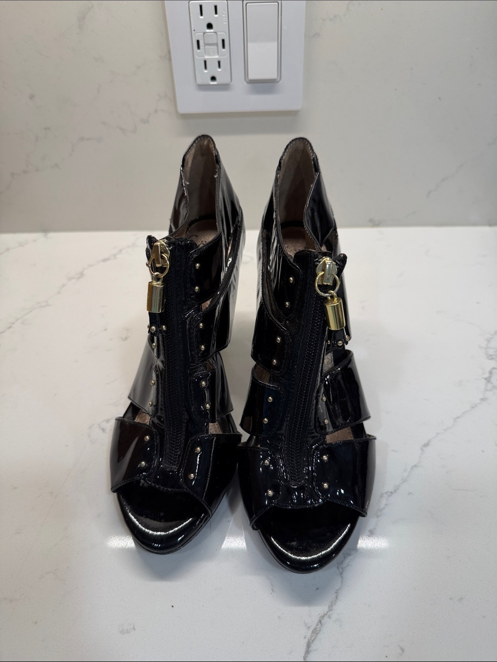 Sofft Black Patent Peep-Toe Heels with Gold Zip Hardware